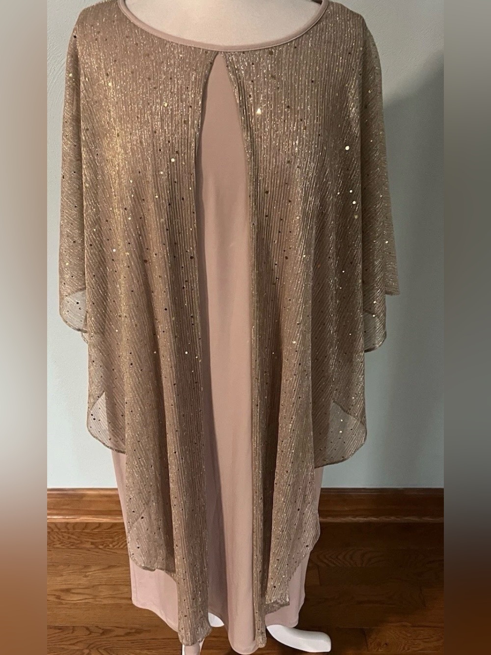Glamour Nights Champagne Maxi Dress W/ Sequin Capelet Gala Evening Gown Sz 6